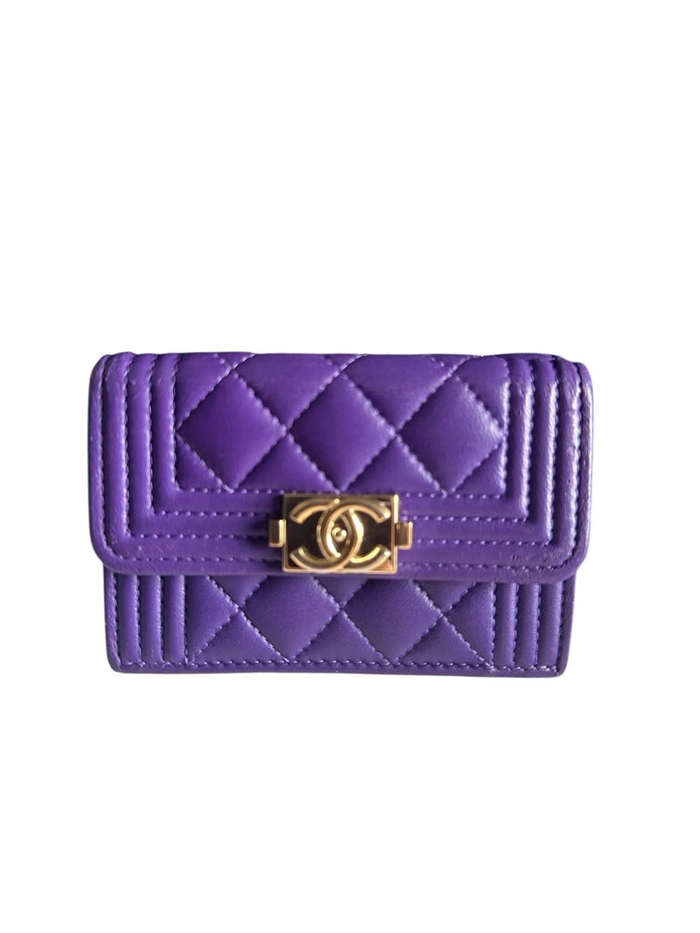 CHANEL Boy Purple Lambskin Quilted Flap Wallet Card Holder Full Set - Picture 10 of 16
